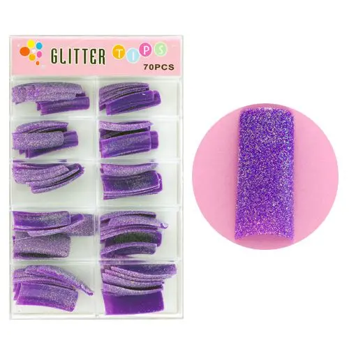 Purple glue-on glitter tips - 70pcs