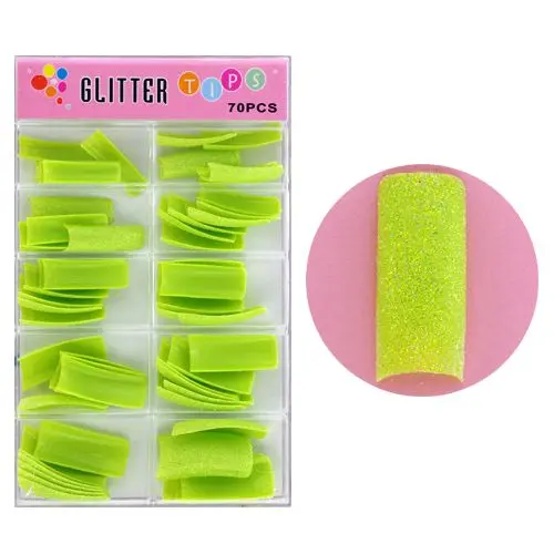 Decorated glitter nail tips, 70pcs - pea green