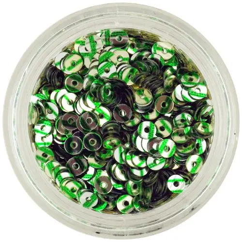 Silver round disk flitter with green stripes