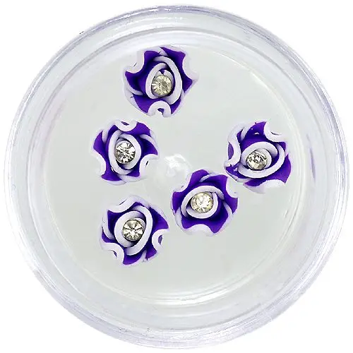Purple and white nail decorations - acrylic flowers with rhinestone
