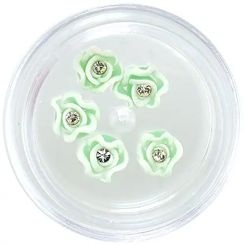Green and white nail decorations - acrylic flowers with rhinestone
