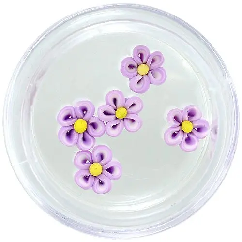 Light purple and white acrylic flowers for nail art, yellow centre